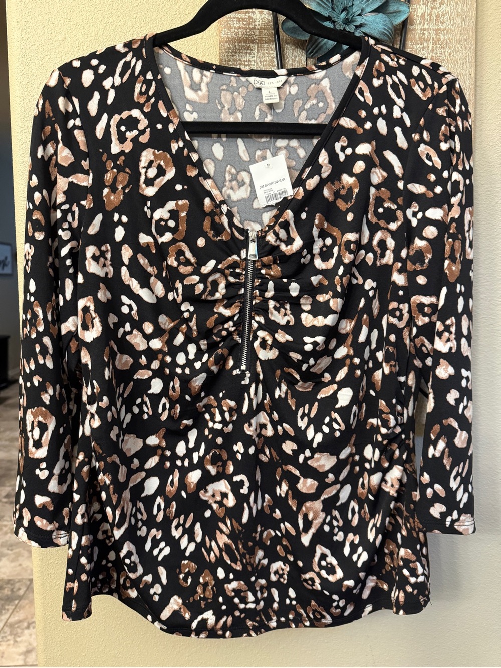 Cato J/M Sportswear Animal Print Zip Front Ruched Blouse Top Leopard Size Large
